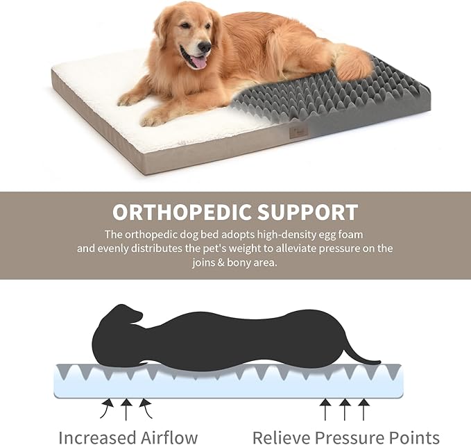 Medium Dog Bed for Medium/Small Dogs, Orthopedic Dog Beds with Removable Washable Waterproof Cover, Egg Crate Foam Pet Bed Mat, Khaki White