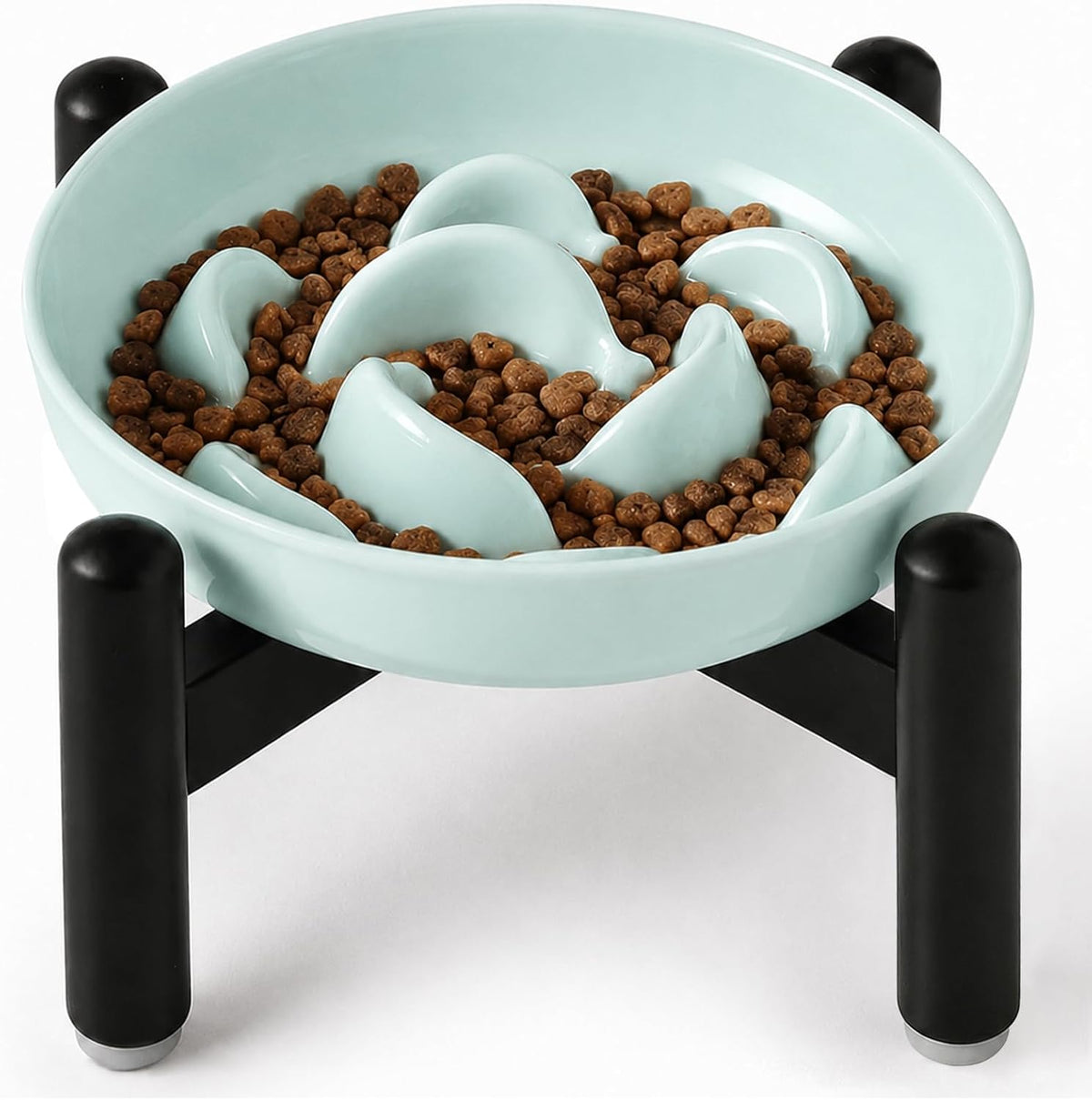 Melamine Slow Feeder Cat Bowls, Dishwasher Safe - Blue + Metal Stand / 9"H