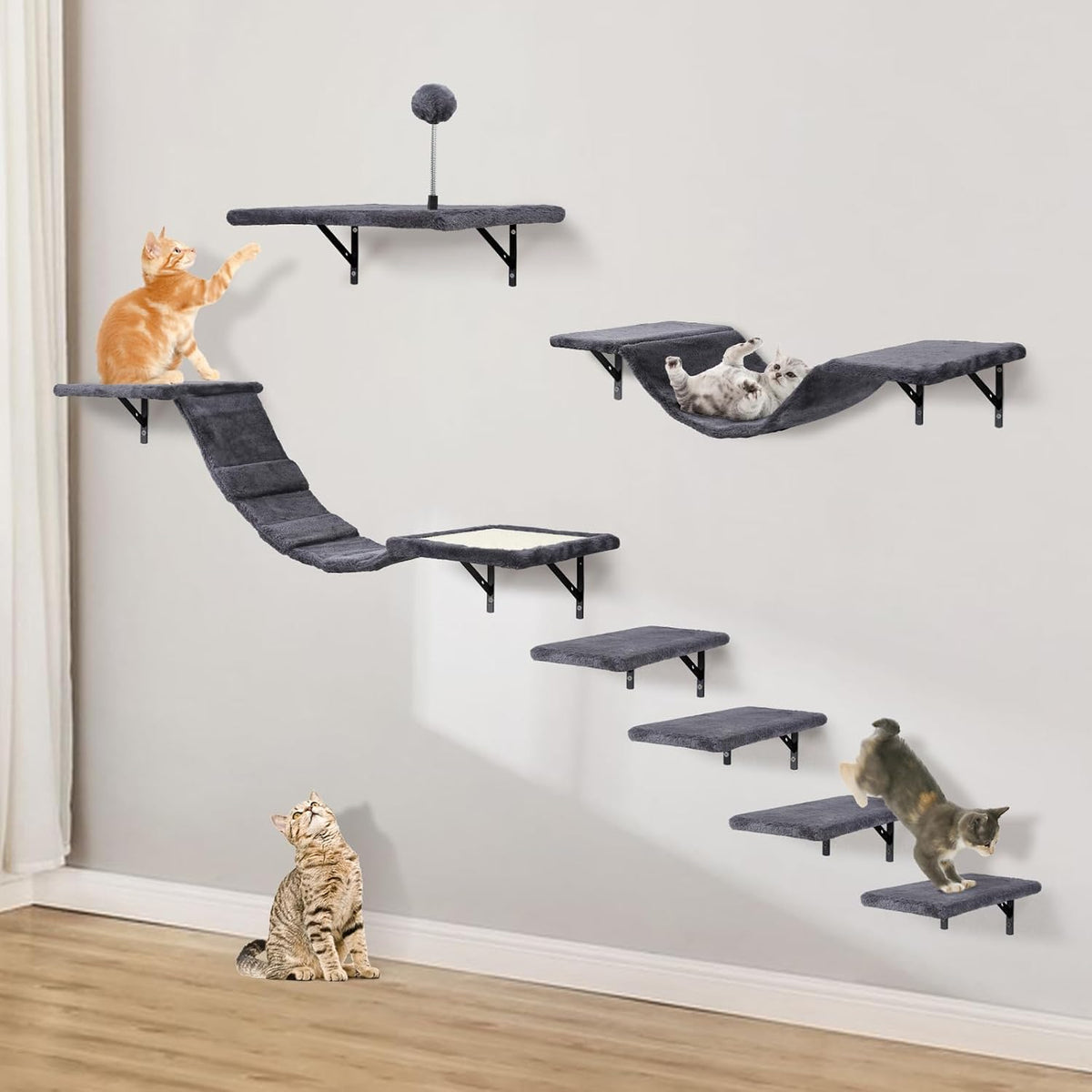Cat Wall Shelves, Space-Saving Wood Cat Wall Furniture for Indoor Cats – Essentials for Cats - dark grey
