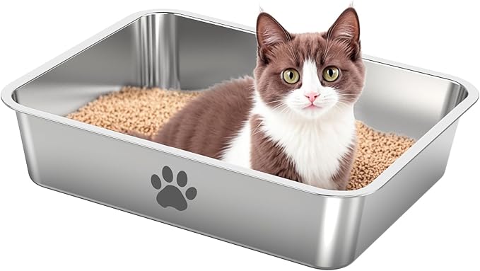 Stainless Steel Cat Litter Box,Metal Kitten Litter Pan, High Side Cats Toilet Indoor Litter Tray Pet Toilet Supplies for Cats, Kitty,Rabbits, Easy Clean, Non Stick Litter Box, No Smell