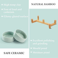 SPUNKYJUNKY Ceramic Dog and Cat Bowl Set with Wooden Stand, Modern Cute Weighted Food Water Set for Small Size Dogs (13.5OZ) & Medium Sized Dogs (28.7OZ) & Cats (1.7 Cups, 2 × Light Green)