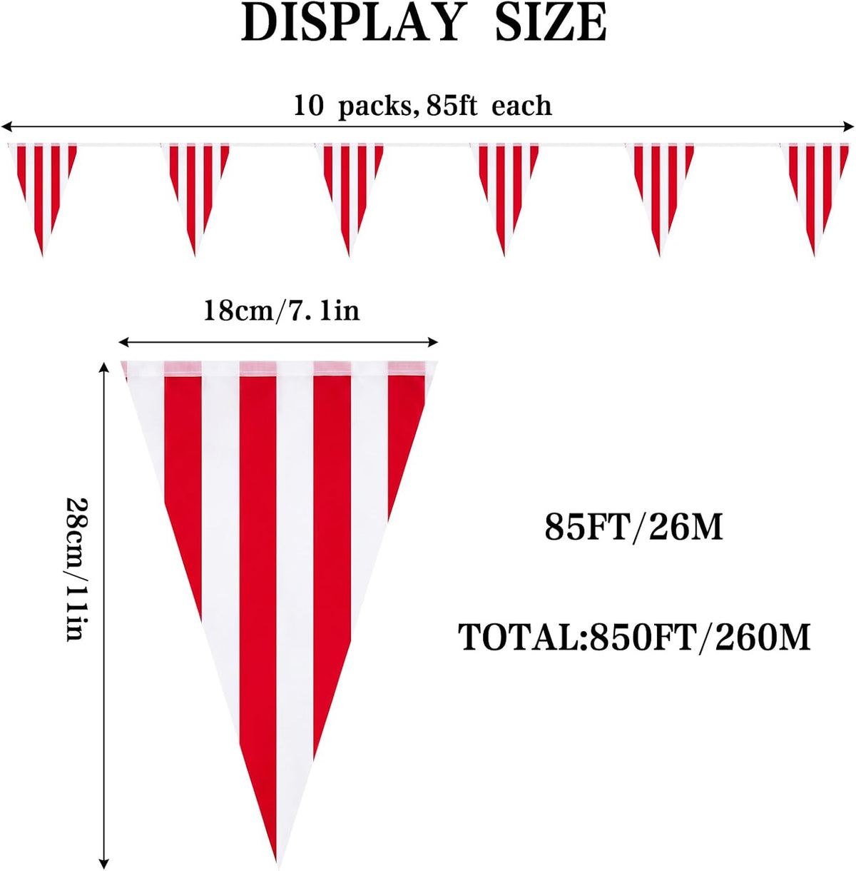 RUBFAC 170ft 120pcs Red White Striped Pennant Banner – Fun for Kids & Family - Red and White / 850ft - image 3