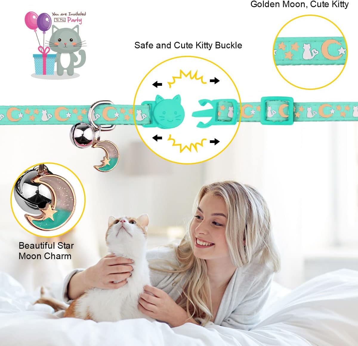 Baeuppit 2PCS Breakaway Cat Collars with Bell Moons Stars Cute Kitty - Neck 6.9-10.7 in / Pink&Teal - image 3
