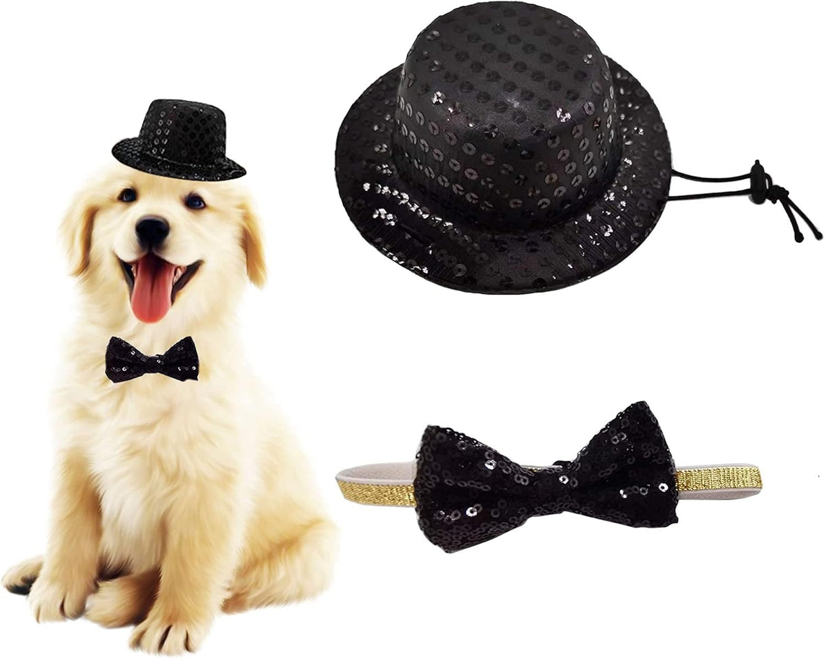 Christmas Pet Party Jazz Hat and Blingbling Bow Tie Breakaway Collar - 02 Black