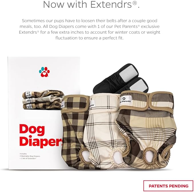 Pet Parents® Washable Dog Diapers (3pack) + Extendrs® of Durable Doggie Diapers, Premium Dog Diapers Female & Male (Large, Oxford)