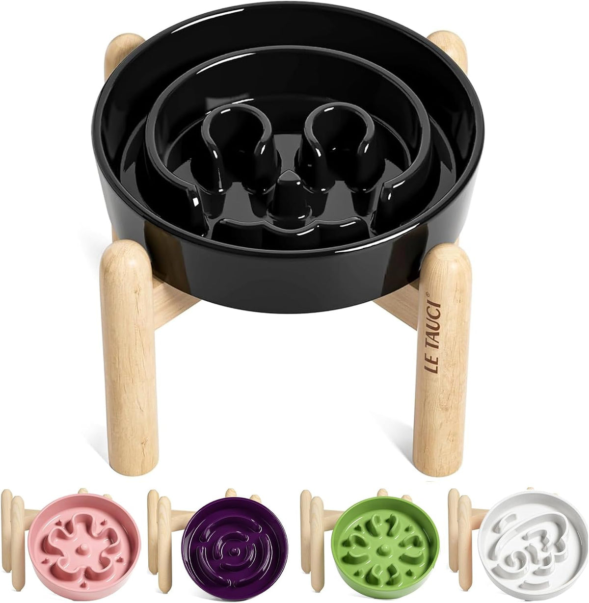 LE TAUCI Ceramic Slow Feeder Dog Bowls Small Breed - Skull Black+Stand / S-0.6 Cups