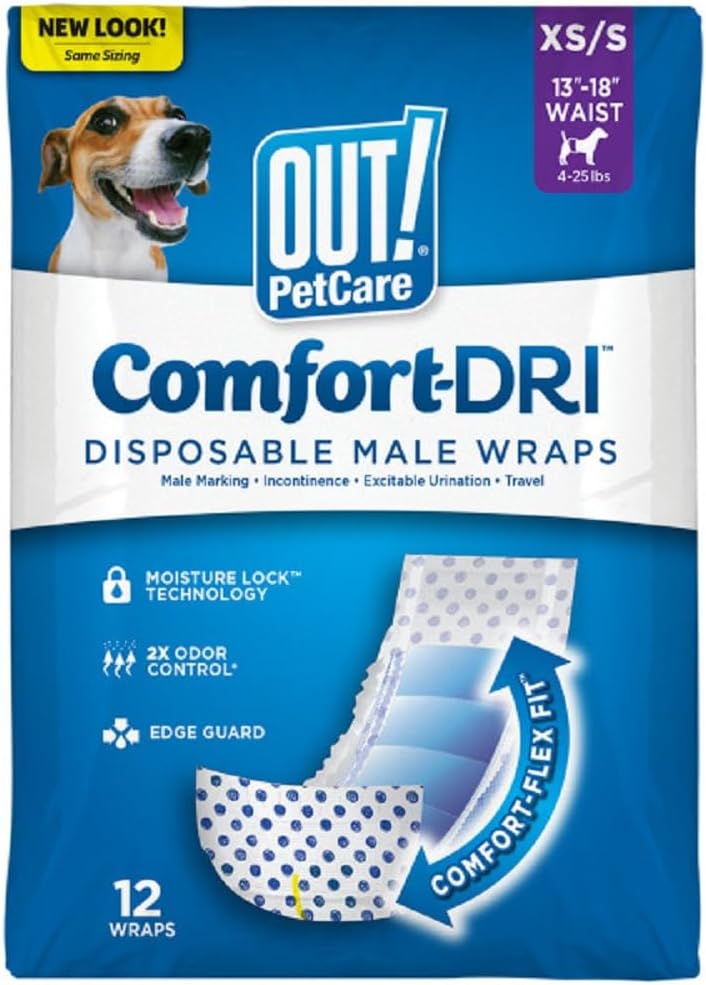 OUT! PetCare Male Dog Diapers, Disposable Belly Bands - XS/S / 12 Count