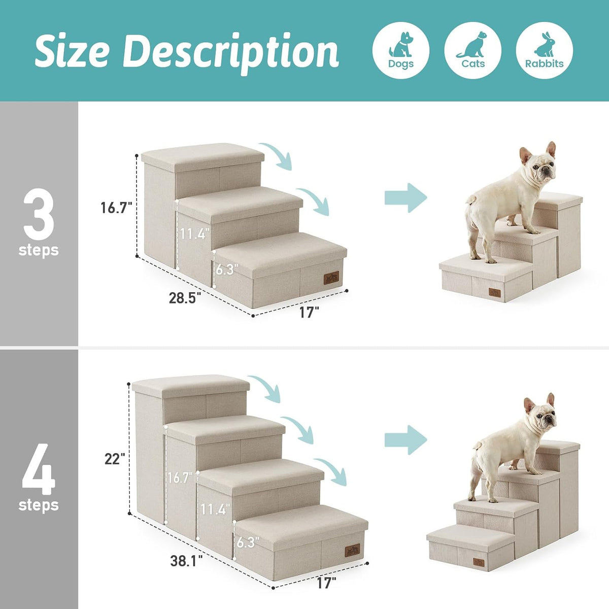 COZY KISS Dog Stairs with Storage, 16.7" H Wider Dog Steps - Beige / 3 / 28.5x17x16.7 inch - image 2