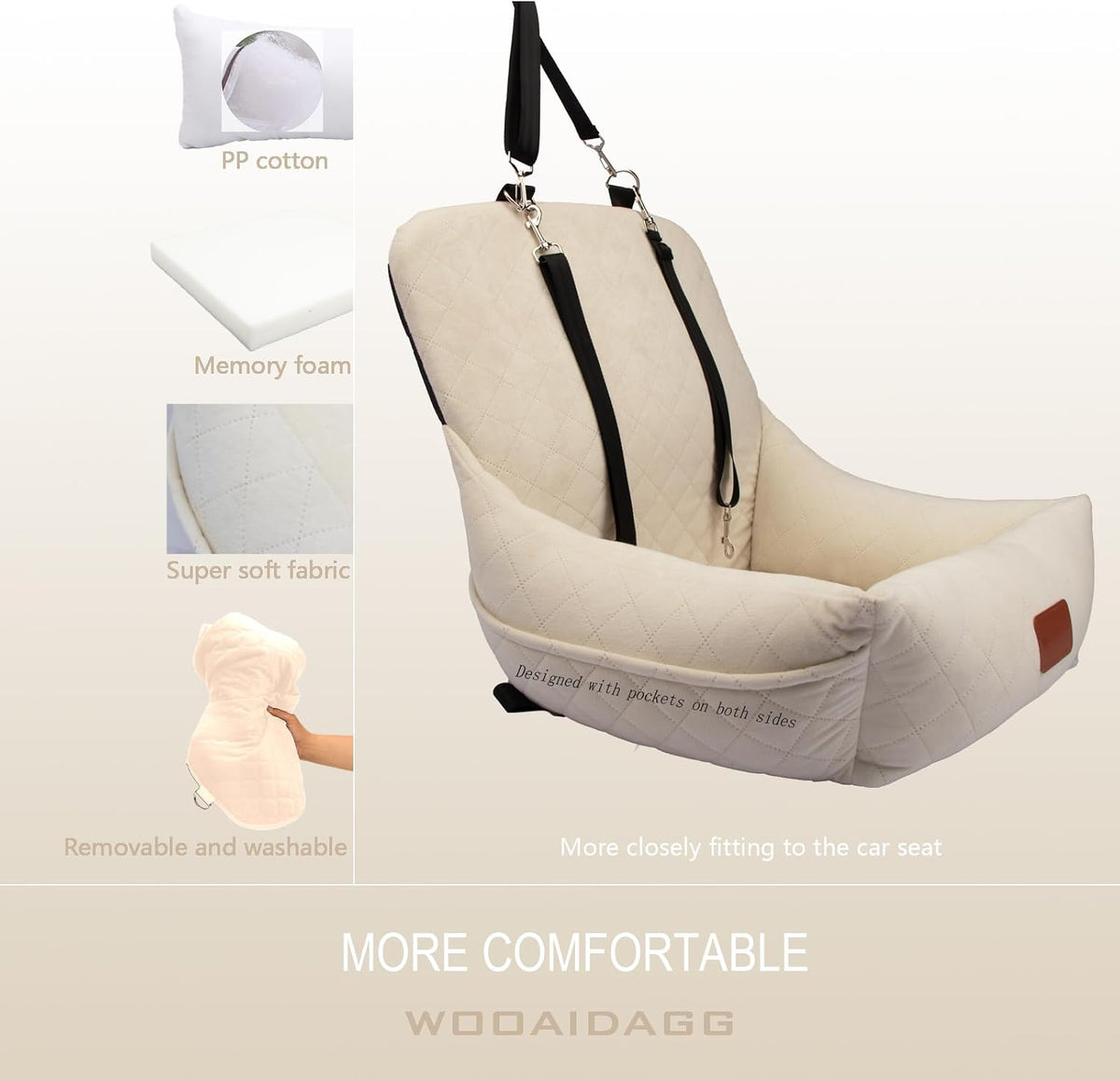 WOOAIDAGG Dog Car Seat for Small Dogs, Ultra-Soft Fabric - Beige - image 2