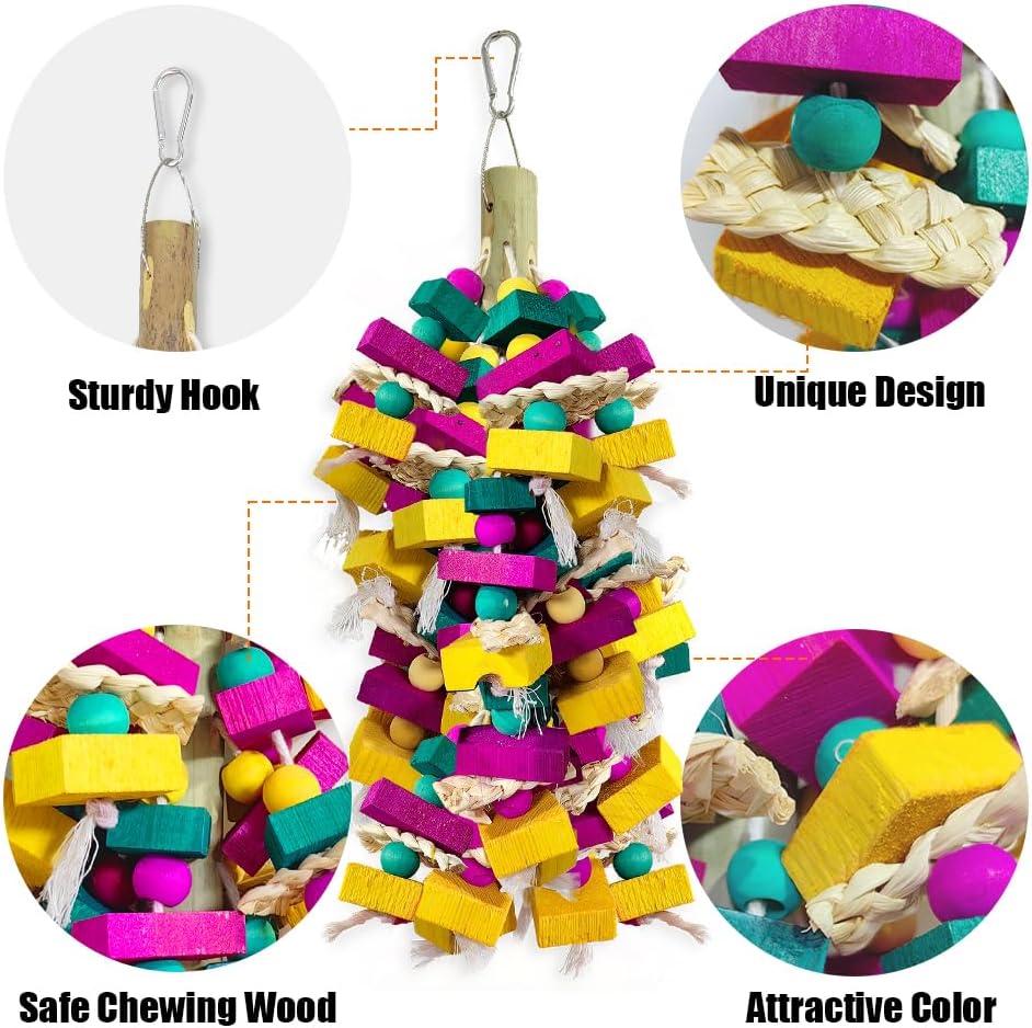 Large Bird Toys, Multi-Color Wooden Block with Bamboo Support Bird Chewing Toy Parrot Cage Bite Toy - image 3