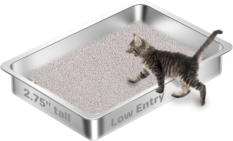 Low Entry Stainless Steel Cat Litter Box for Kittens - 1 pack-15.75''Lx 11.81'' W x2.76'' H