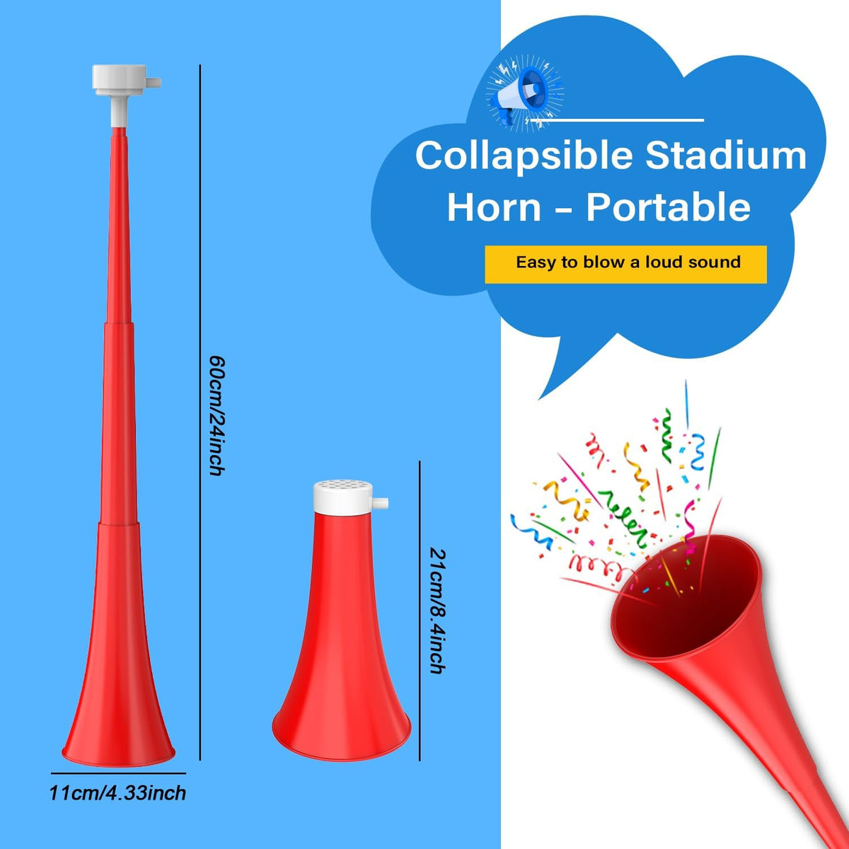 Stadium Horn Vuvuzelas Soccer Noisemakers Collapsible Blow Trumpet - Red - image 2