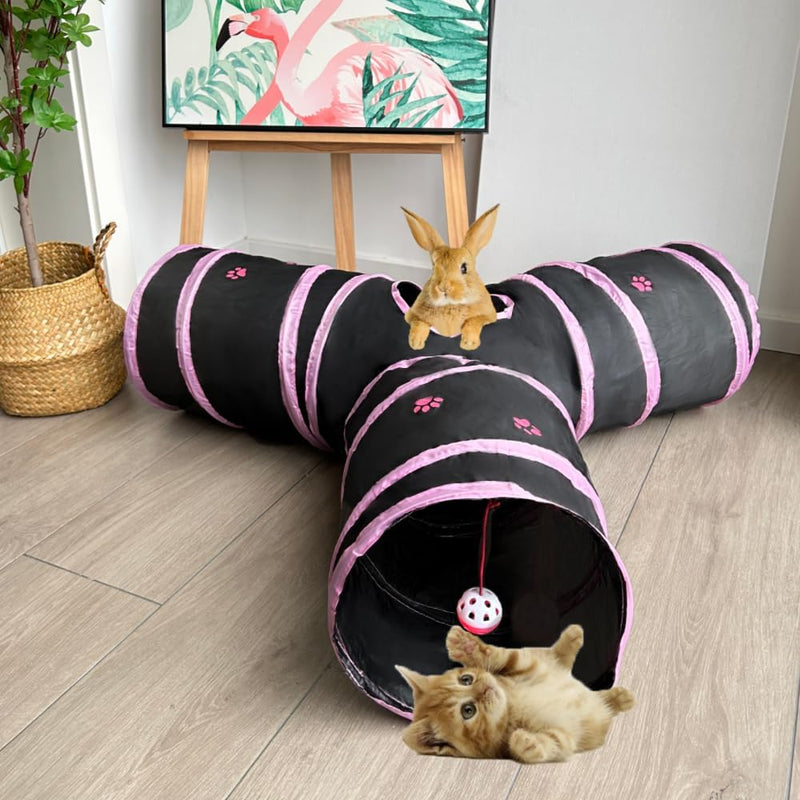 Cat Tunnel Tube Toy 3-Way Collapsible – Essentials for Cats - Black with Pink Paw