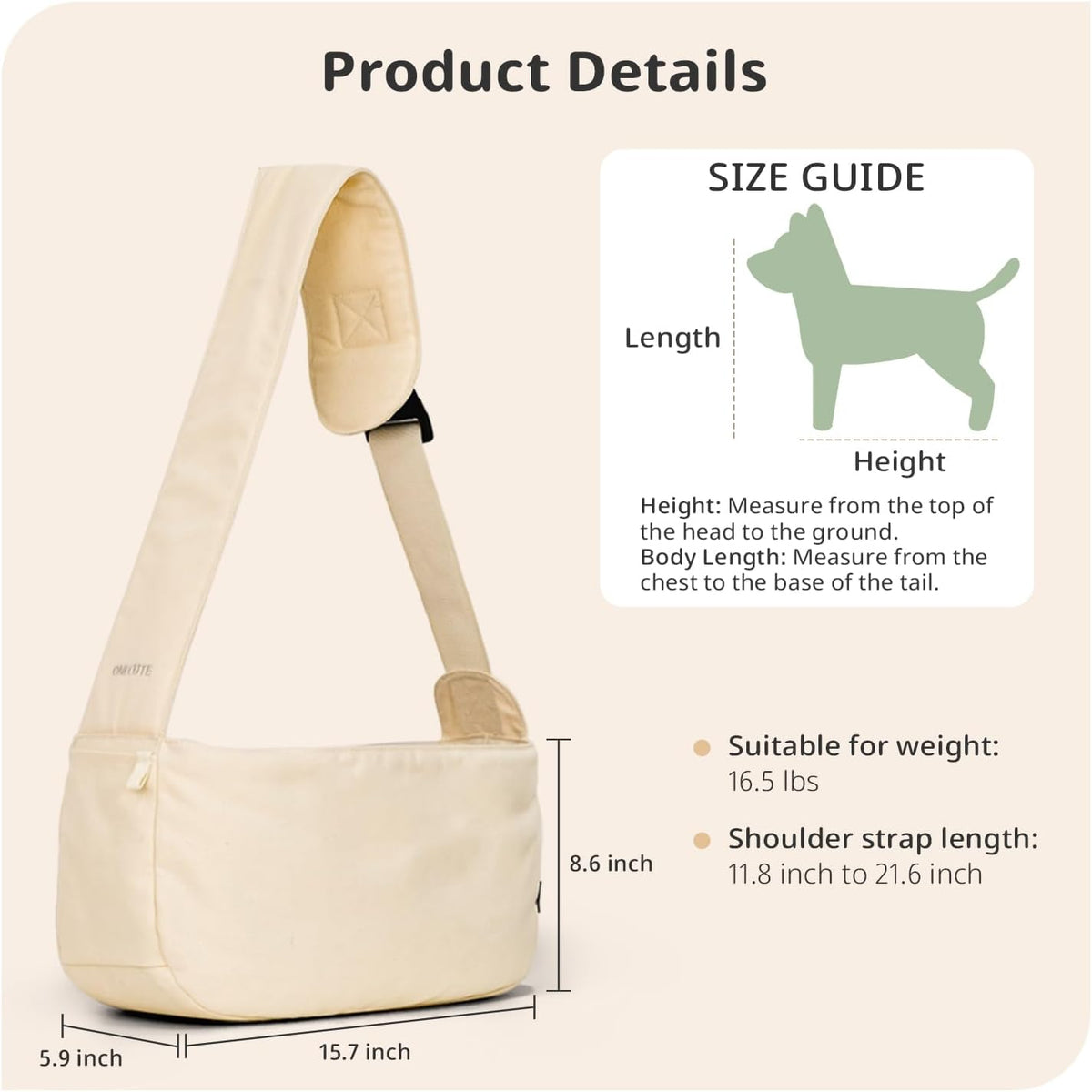 ONECUTE Dog Purse Carrier for Small Dogs Rabbit cat with Large Pockets - Beige Sling / 15.7"L x 5.9"W x 8.6"H - image 2