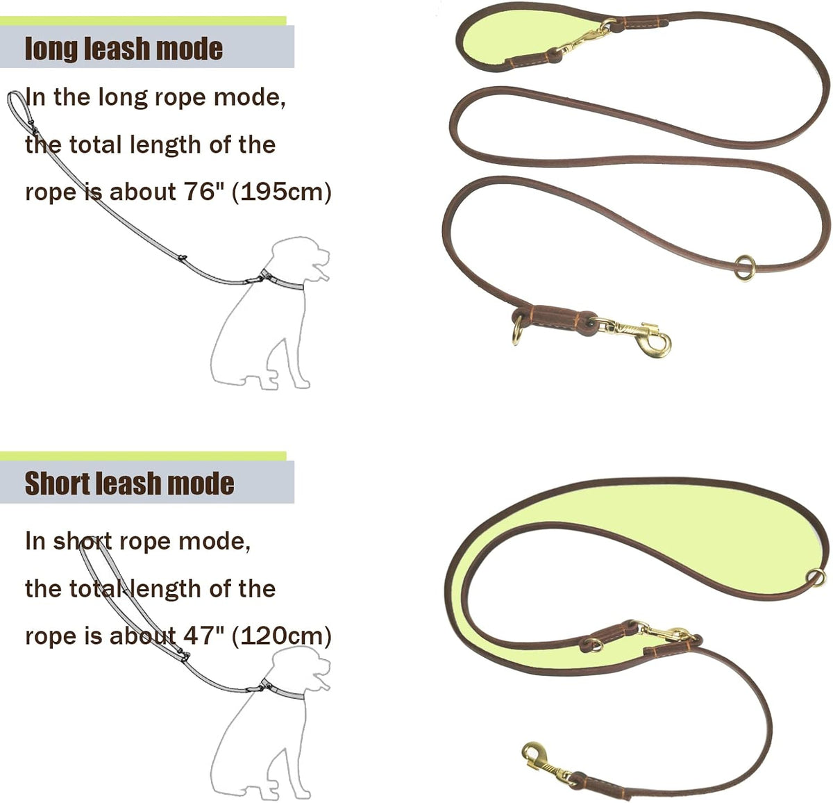 LWBMG Multi Function Leather Dog Leash 8ft Genuine Leather Leash - 8ft x 5/8inch / Brown - image 4