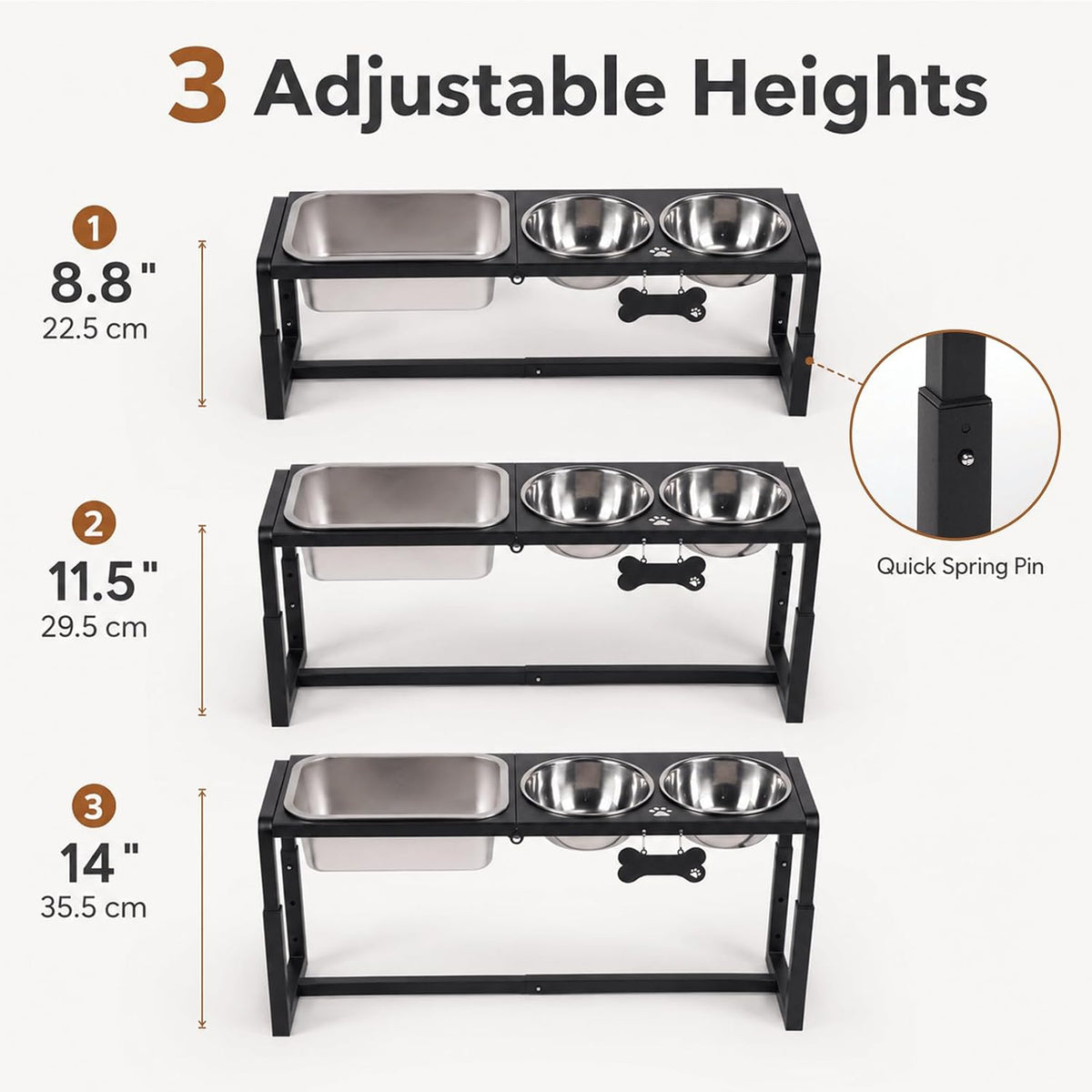 Elevated Dog Bowls, Metal Raised Dog Bowl Stand with 2 Thick 58oz Stainless Steel Food Bowls - Black-58oz x 2 & 1.2gal x 1 / Height: 8.8-14" - image 4
