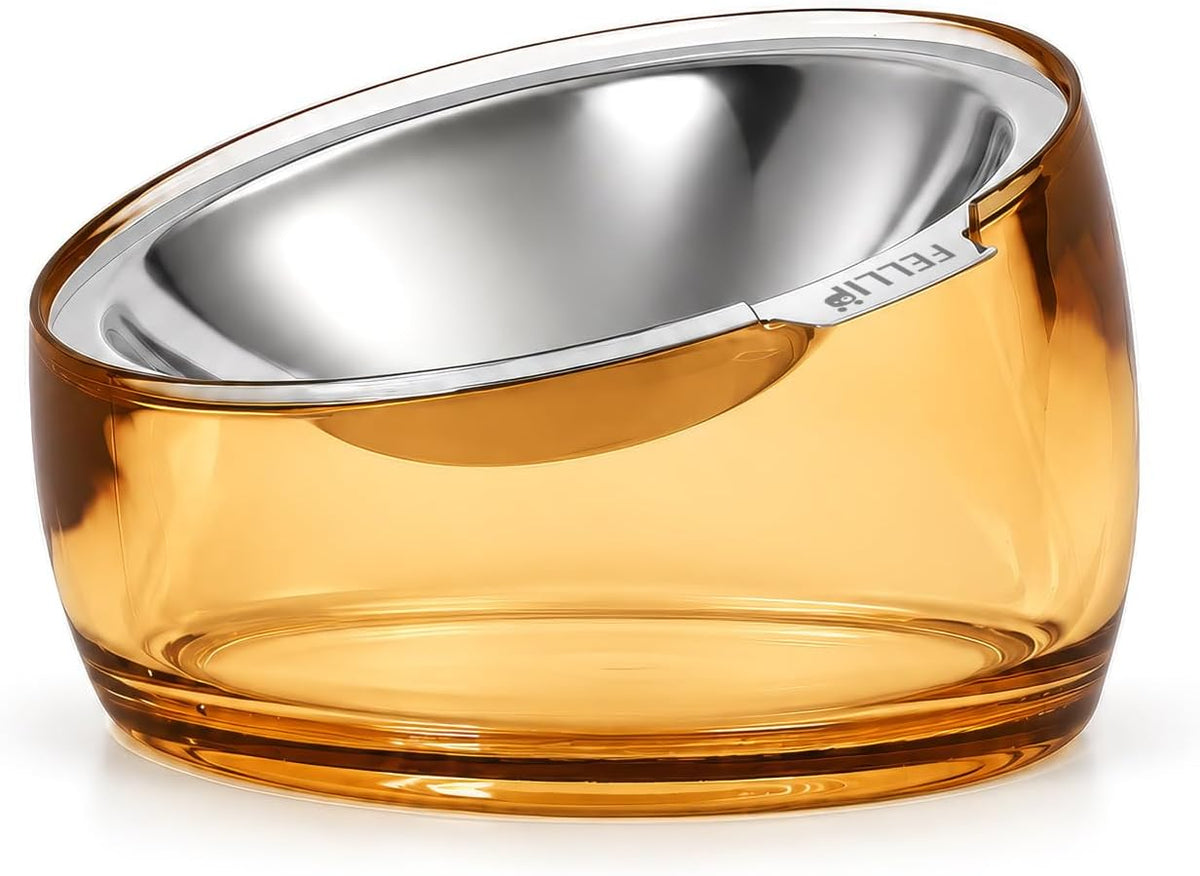 Felli Pet Oblik Acrylic Raised Dog Food Water Bowl Stainless Steel - Gold / 0.5 Cups Shallow Dish