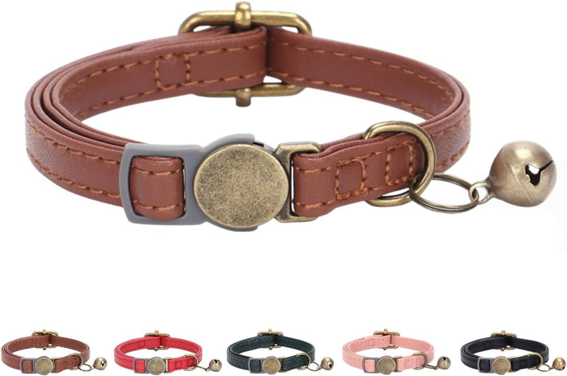 THAIN Leather Cat Collar with Bell Breakaway, Adjustable - Brown