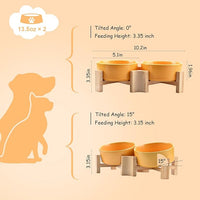 SPUNKYJUNKY 15° Slanted Ceramic Dog and Cat Bowl with Wooden Stand, Tilted Bulldog Food and Water Bowl No Slip Non-Spill for Cats Medium Dogs Big Face Pets 13.5 OZ (1.7 Cups, Yellow × 2)