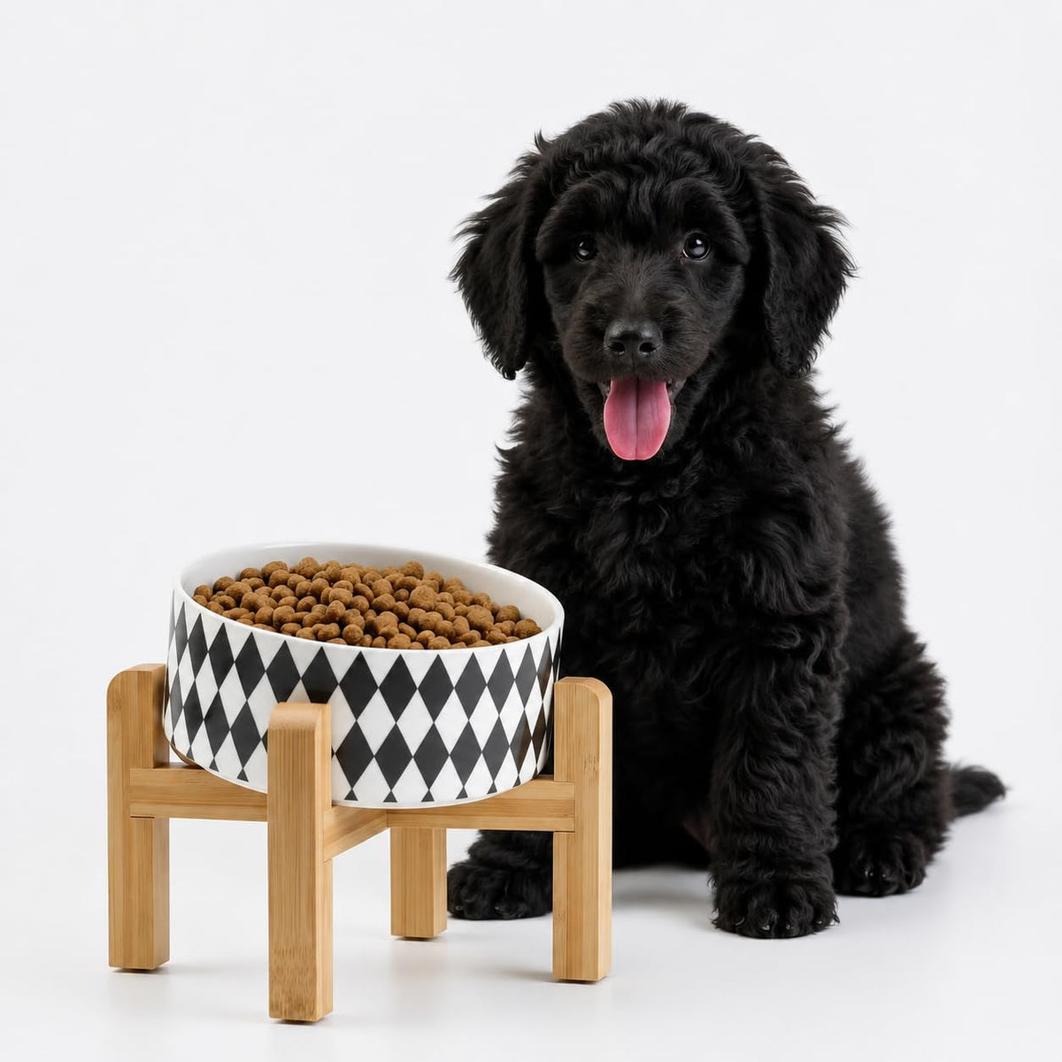 Black Raised/Elevated 15°Slanted Ceramic Dog Bowl for Small Breeds - Black Rhombus / 3.6 CUPS - Medium Dog Bowls