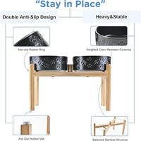 SPUNKYJUNKY Elevated Dog Bowls Ceramic, 8.3'' Dogs Food Water Bowls Raised with Non-Slip Bamboo Stand for Large Sized Breed Microwave Dishwasher Safe - 60 OZ,Paw Black