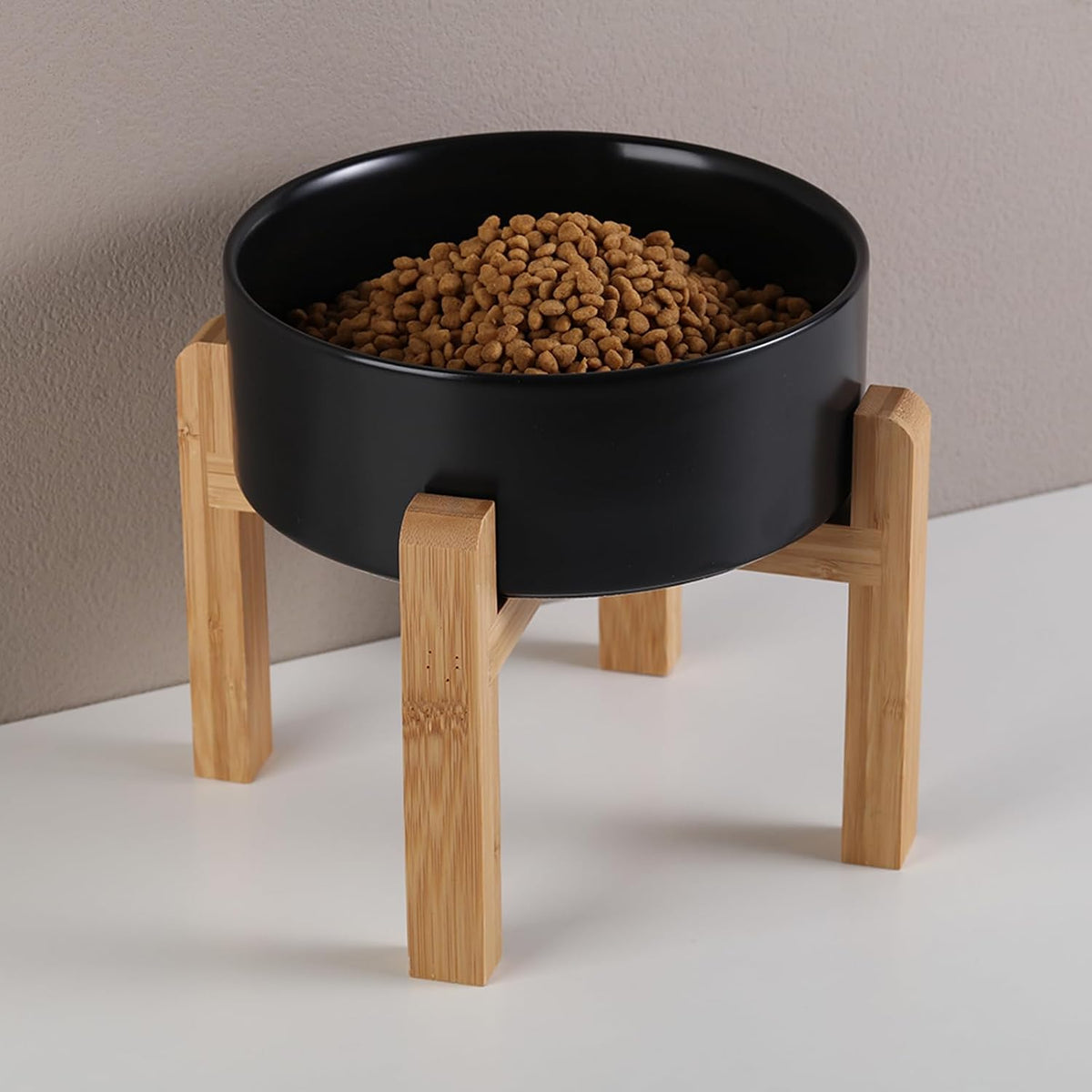 Black Elevated/Raised Dog Bowl Ceramic with Wood Stand for Medium - Black / 6 Inch - image 4