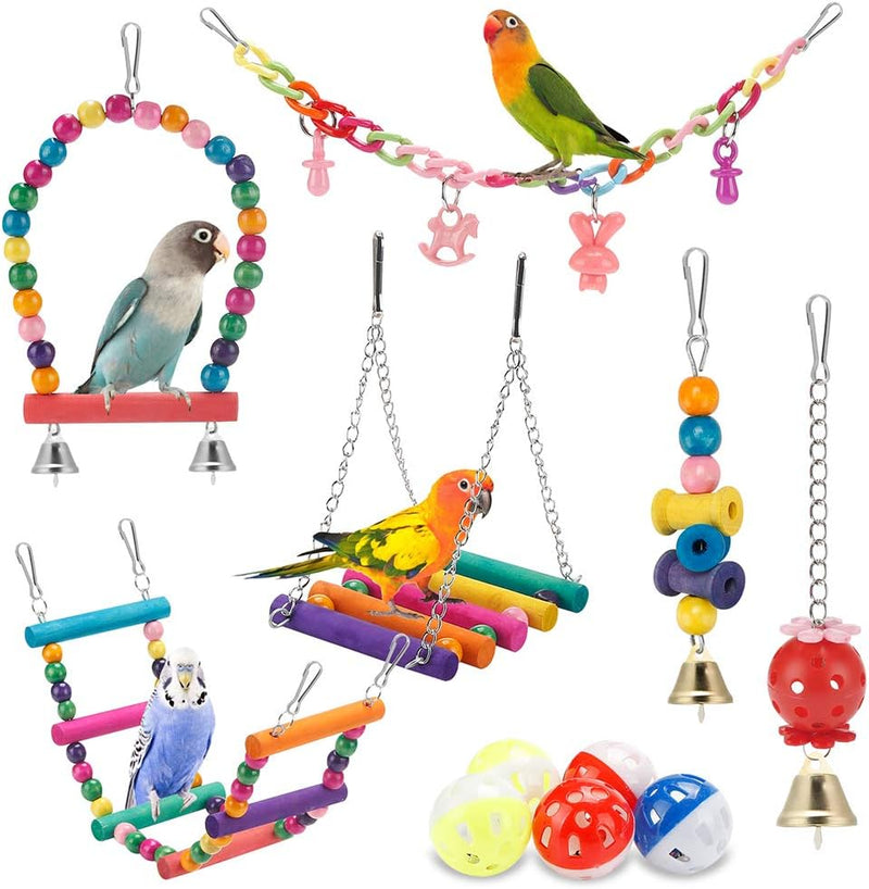 Bird Parakeet Toys - Swing Hanging Standing Chewing Hammock Climbing Ladder Bird Cage Colorful Toys