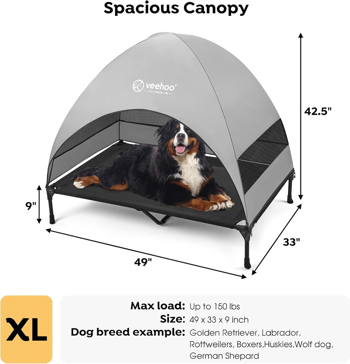 Veehoo Outdoor Dog Bed with Canopy - Black / 49.0"L x 33.0"W x 42.5"Th - image 2