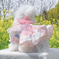 Pink Dog Dress for Small Dog Girl Spring Puppy Clothes with Bow Puff Sleeves Cat Outfit Doggy Princess with Leash Ring Doggies Harness Dress Summer Pet Apparel (Pink, Small)