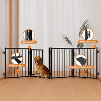 Full Metal Freestanding Dog Gate with Door, 24'' Height Foldable Pet Dog Fence for Indoor & Outdoor, 4 Panels Extra Wide Free Standing SmallDog Gates for Doorways,House,Stairs,Porch,Deck,Yard