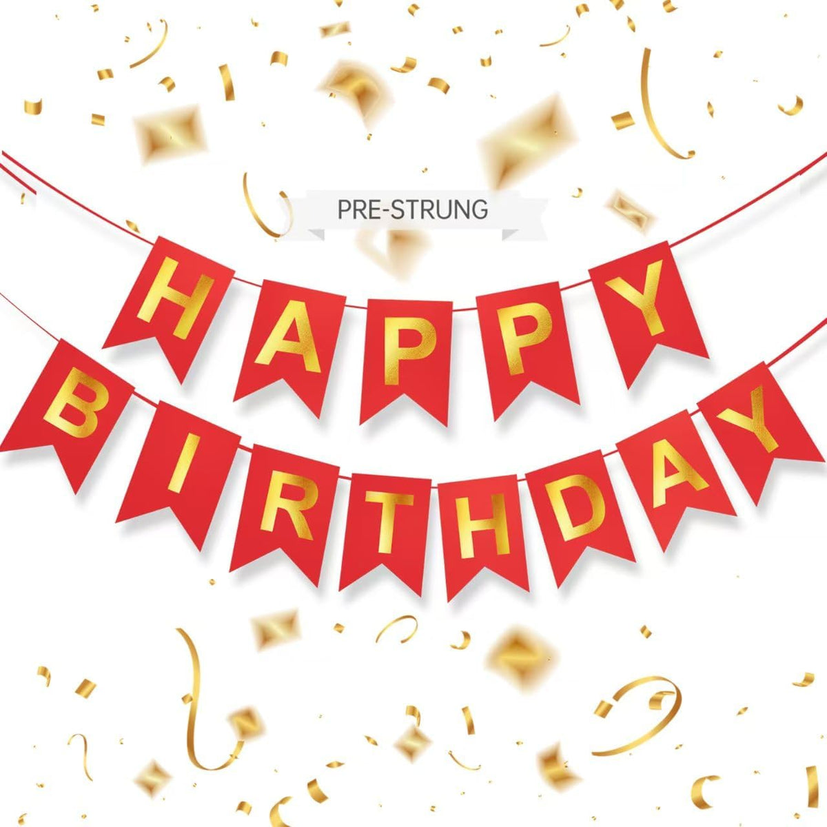 Happy Birthday Banner,Pre-Strung Black and Gold Party Decorations，16ft Pre-Strung Hanging Sign - red