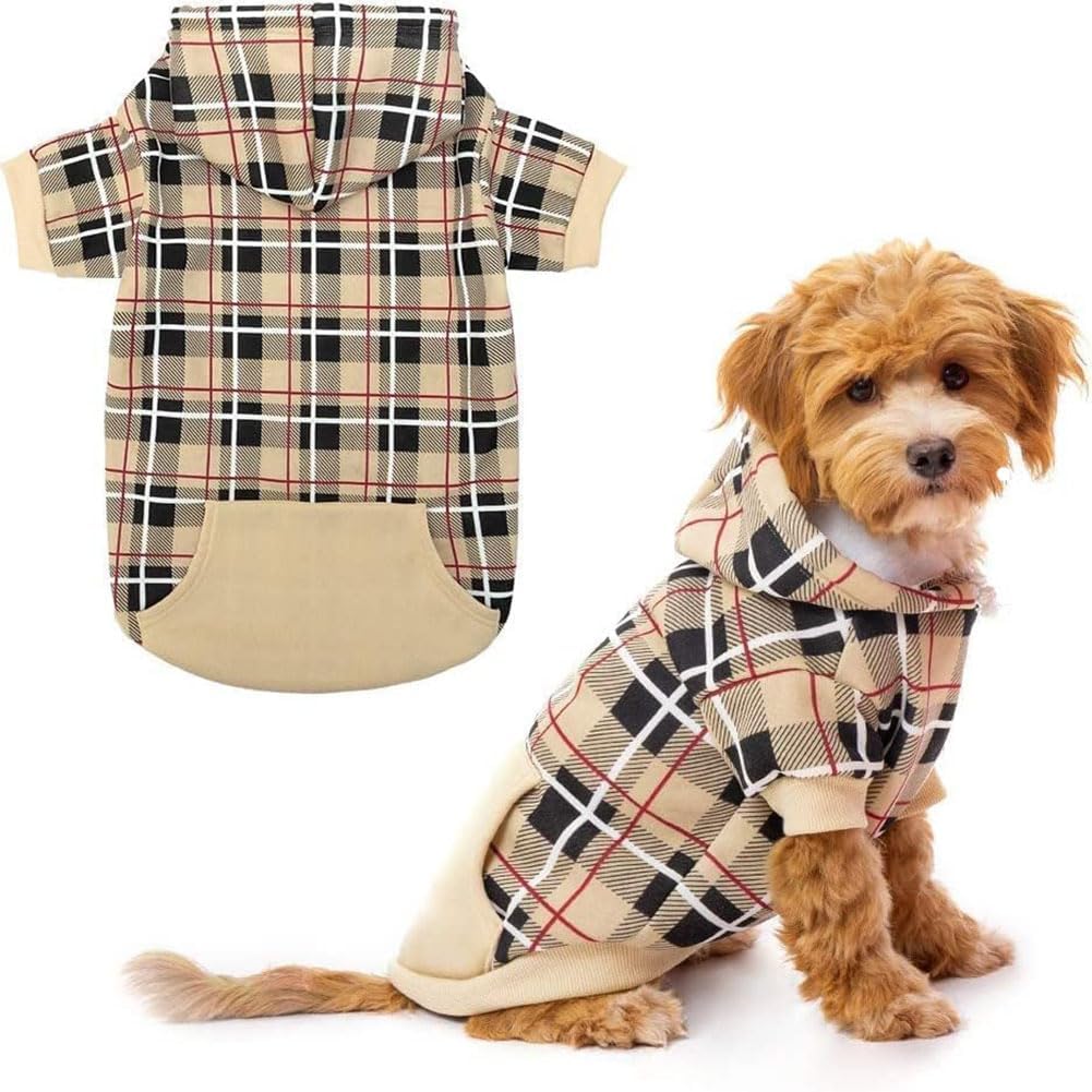 Plaid Dog Hoodie - British Style Warm Dog Sweater Shirt with Leash Hole,Pitbull Clothes - Beige / Medium
