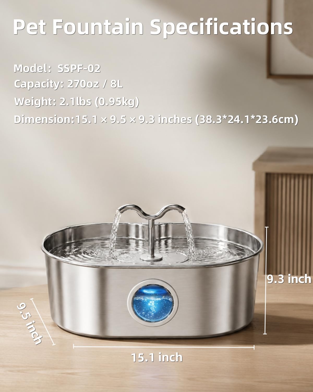 8L/270oz/2Gallon Stainless Steel Dog Water Fountain Pet Fountain – Essentials for Dogs - Fountain+3 Filters +3 Sponges - image 3
