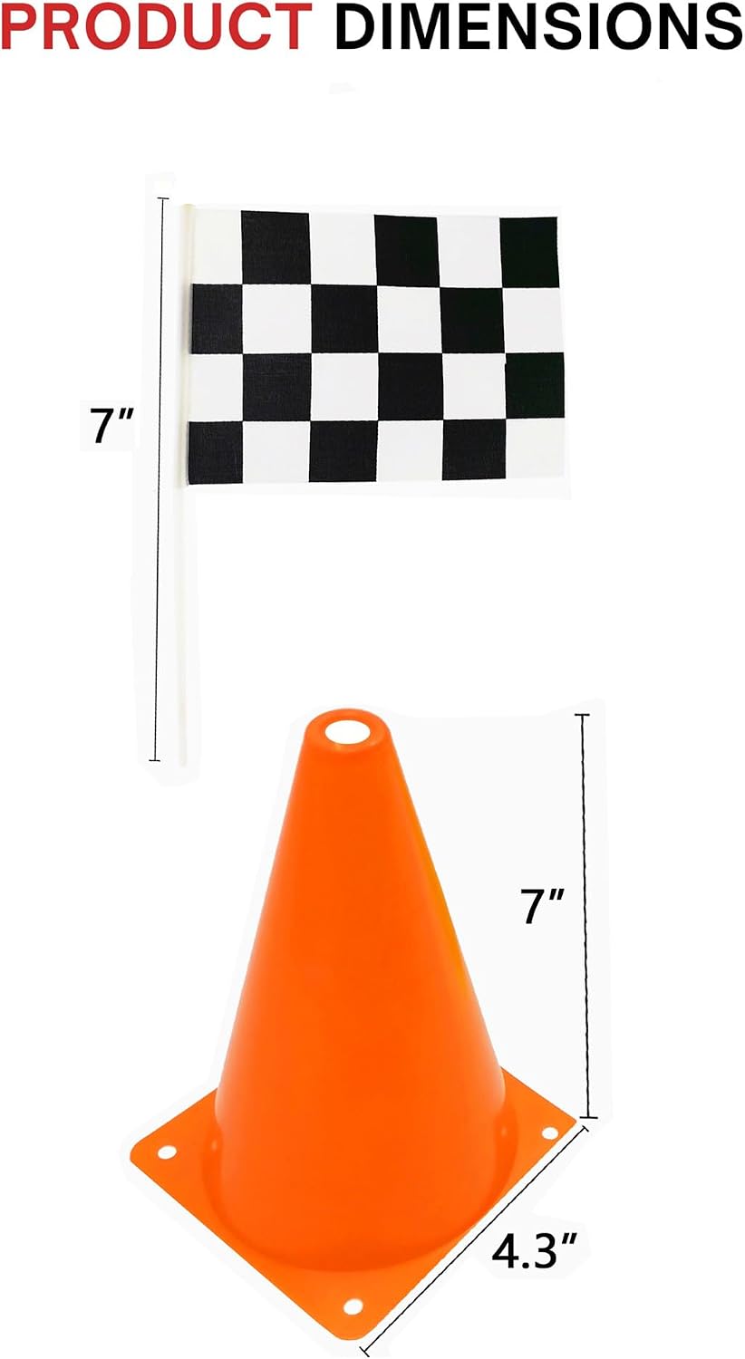 YOELVN race car party cones, six orange 7 inch traffic cones holding checkered flags - view 23