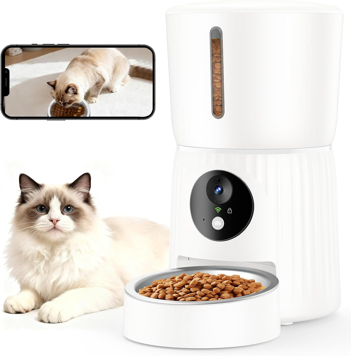 Faroro Automatic Cat Feeder with Camera - White / 1080P Camera