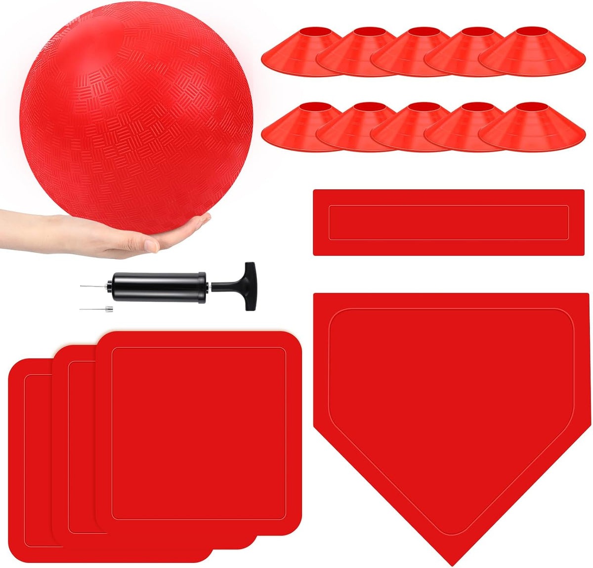 Hiboom kickball set with four 10 inch red balls, rubber bases and air pump - view 5