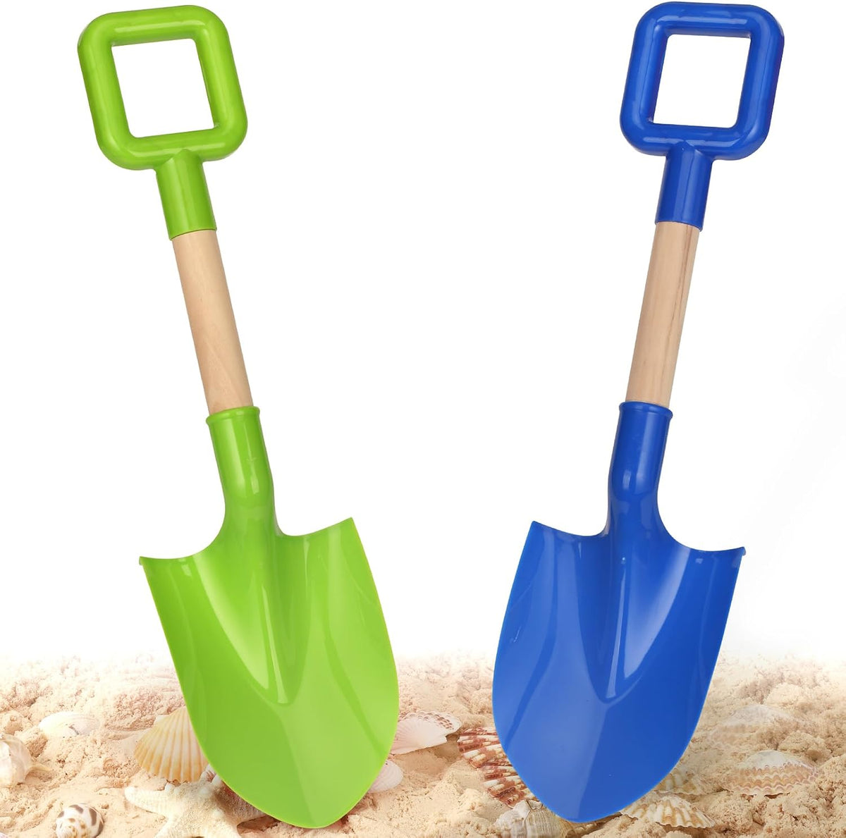 Dilabnba two 16 inch beach sand shovels with wooden handles and blue and green blades - view 2