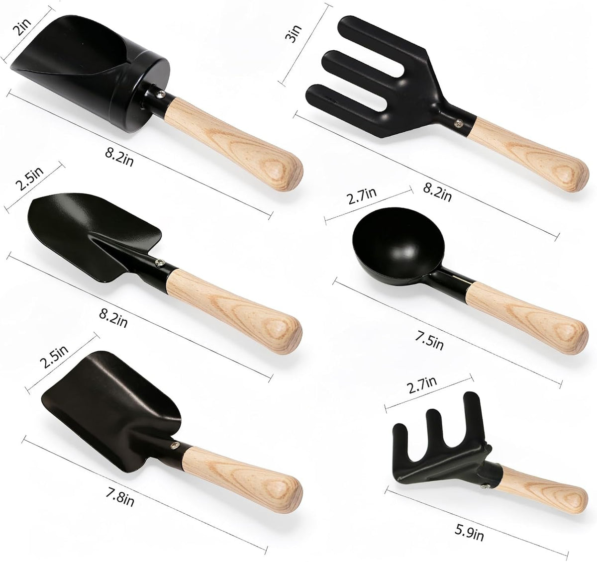 7PCS Kids Gardening Tools, Long Shovel, Rake for Leaves, Spade - 6pcs black short garden tools - image 3