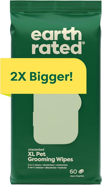 Earth Rated XL Pet Wipes for Dogs & Cats, 3-in-1 Hypoallergenic Cleaning, Deodorizing and Hydrating Extra Large Grooming for Body, Paws and Butt, Unscented, 60 Count