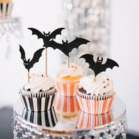 12 black glitter Halloween bat cupcake toppers in 4 patterns on cupcakes - view 36