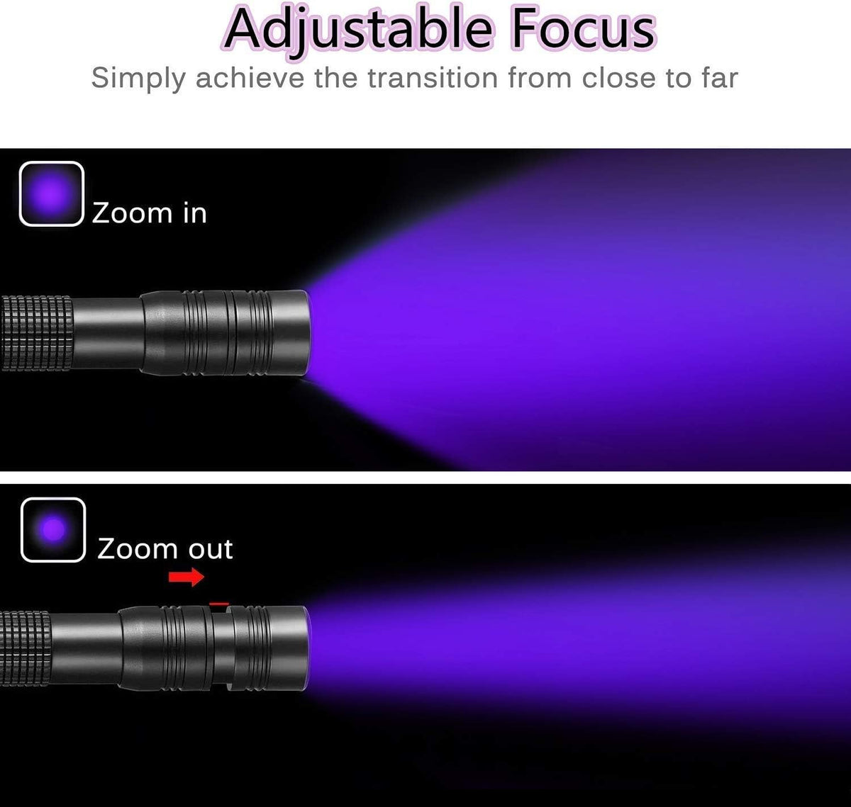 UV Flashlight 395nm Zoomable Black Light Lamp Ultraviolet Lights – Essentials for Dogs - 1 Pcs Uv Penlight + 1 Pcs Led Flashlight - image 2