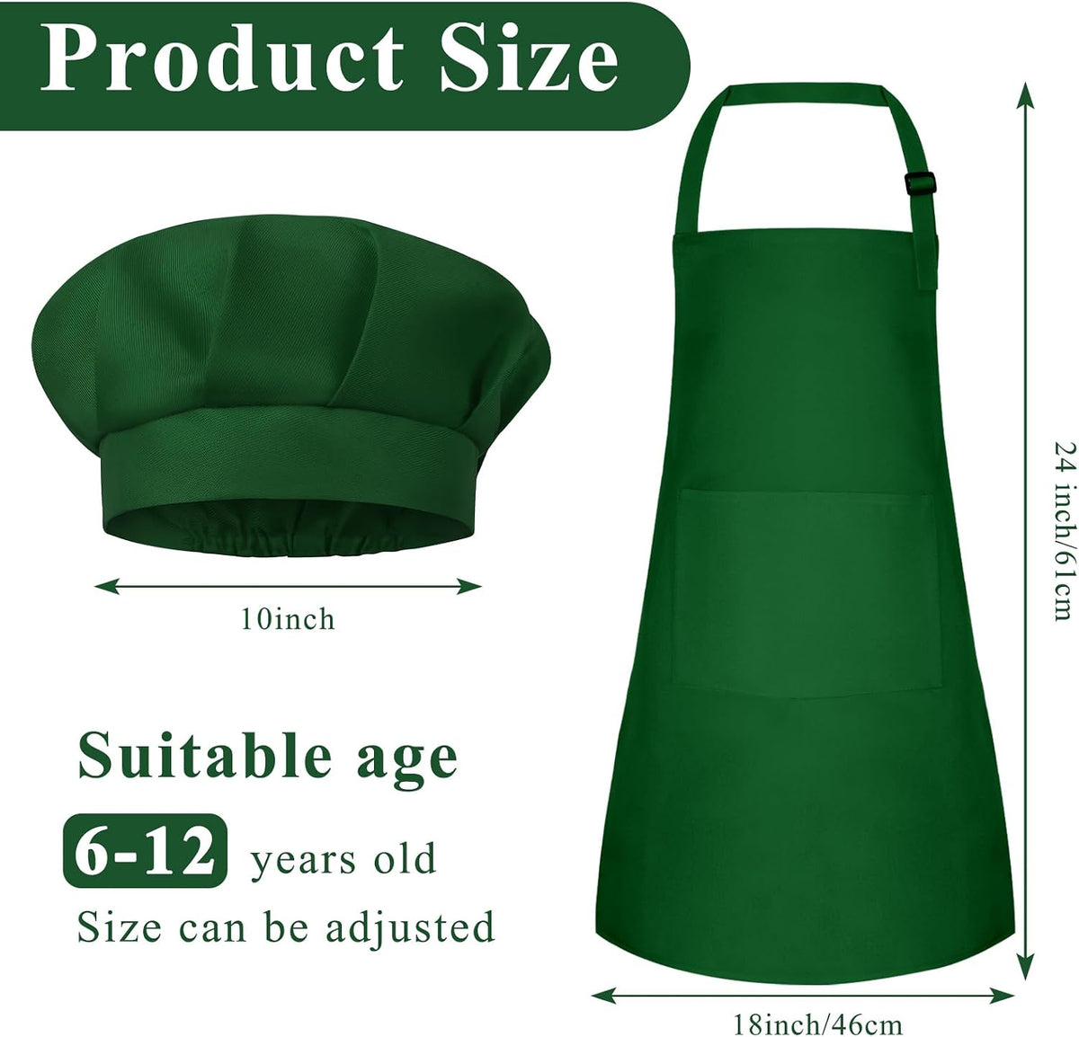 Kids Apron and Chef Hat Set Adjustable Child Art Aprons with 2 - I-dark Green / Large - image 2