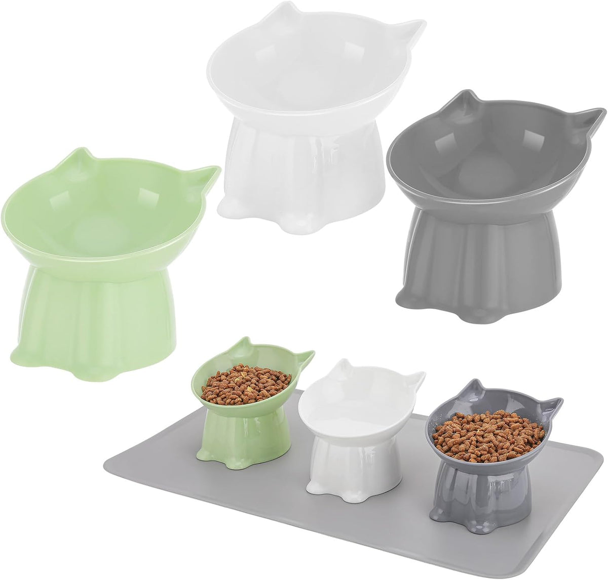 3 Pcs Raised Cat Bowl 15° Elevated Cat Food Bowl Tilted Cats Bowls - Green, Grey, White