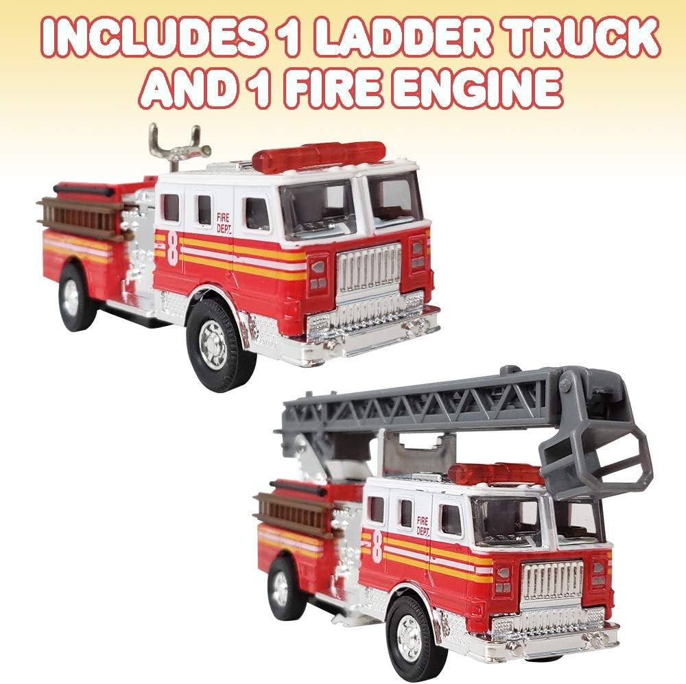 ArtCreativity set of 2 diecast pull back fire truck toys, ladder truck and fire engine - view 2
