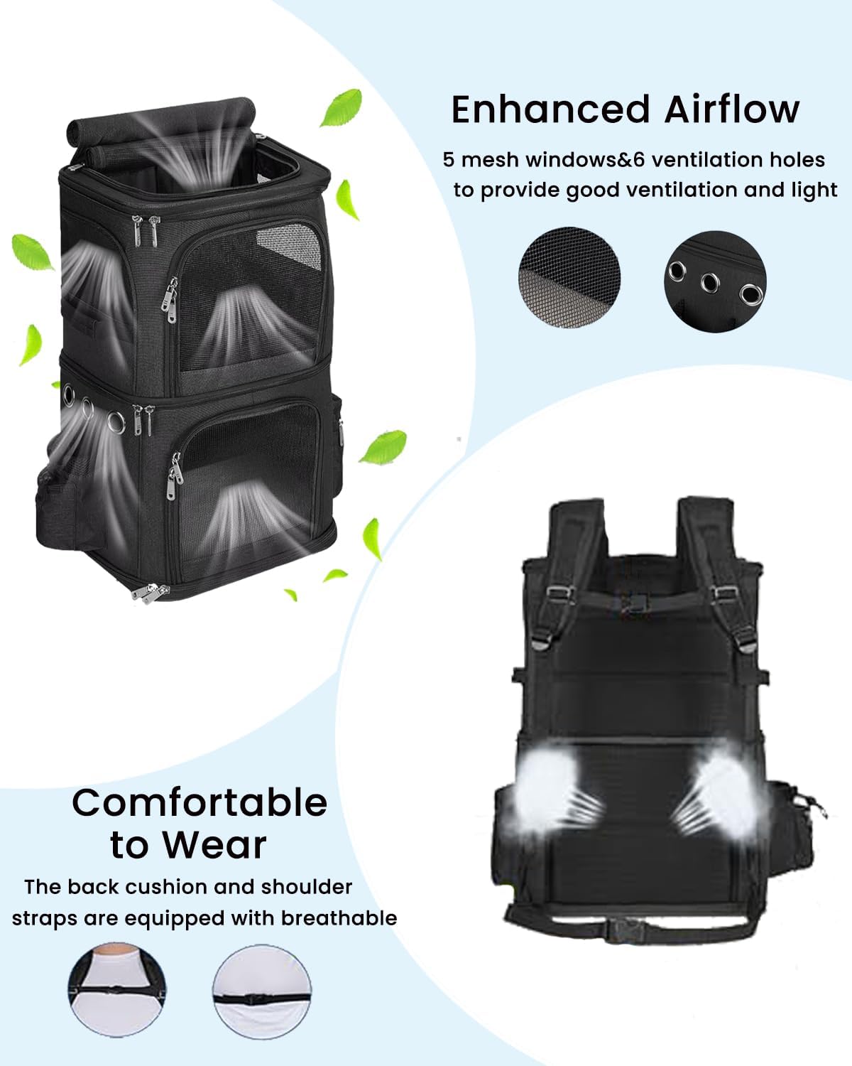HOVONO Double-Compartment Cat Backpack Carrier for Mulit-Cat Families – Essentials for Dogs - 14.6"L x 11.2"W x 21.6"H / Black - image 3