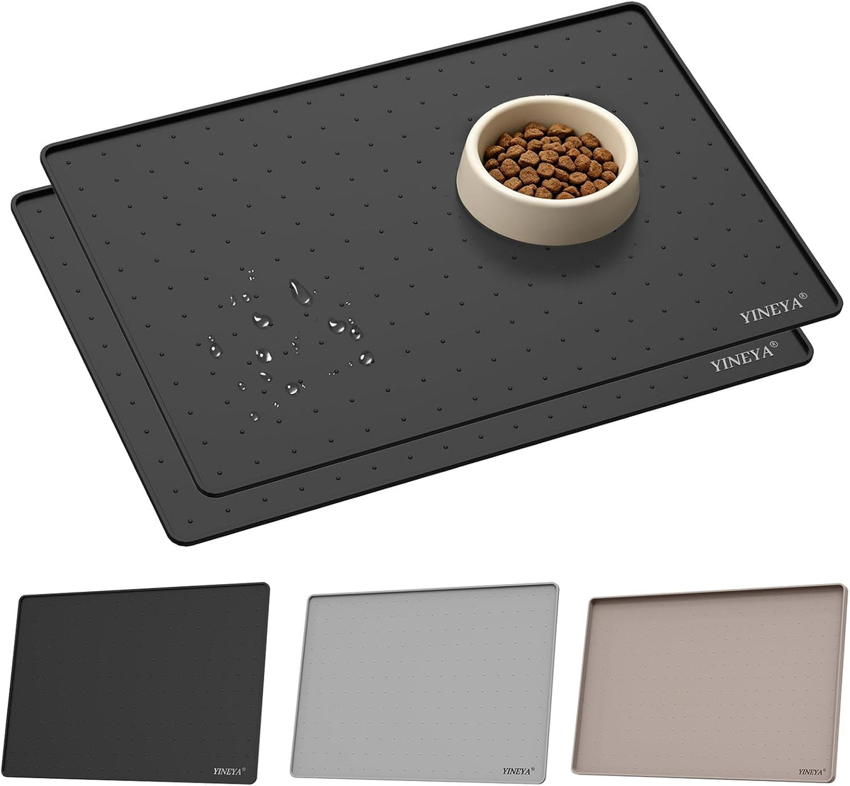 YINEYA 2 Pack Silicone Dog & Cat Food Mat Waterproof 18" x 12" - Black-2Pack / 18" x 12"