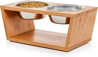 Elevated Dog Bowl Stand - 7" Raised Pet Feeder for Medium Dogs with Four Stainless Steel Bowls. - Bamboo