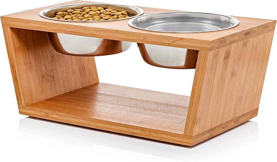 Elevated Dog Bowl Stand - 7" Raised Pet Feeder for Medium Dogs with Four Stainless Steel Bowls. - Bamboo