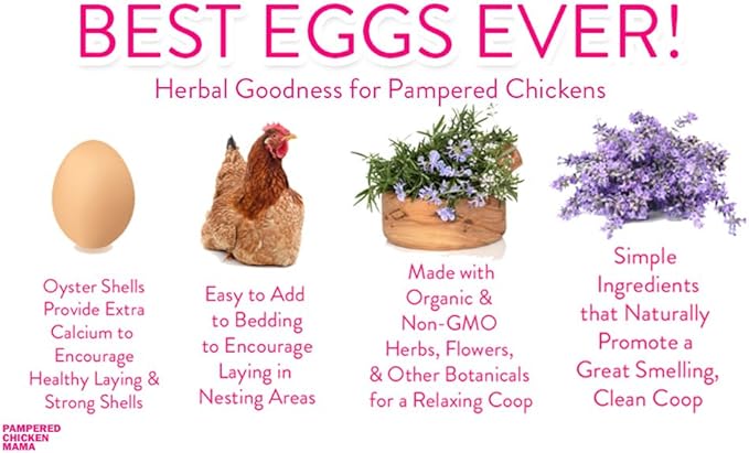 Pampered Chicken Mama Best Eggs Ever! Nesting Herbs for Chickens (10 Ounces) Calcium Supplement for Chickens | Chicken Feed Supplies, Hen Treats for Coops
