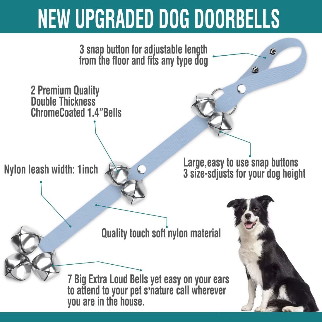 BLUETREE Dog Doorbells Premium Quality Training Potty Great Dog Bells - 09-Black+Light Blue - image 2
